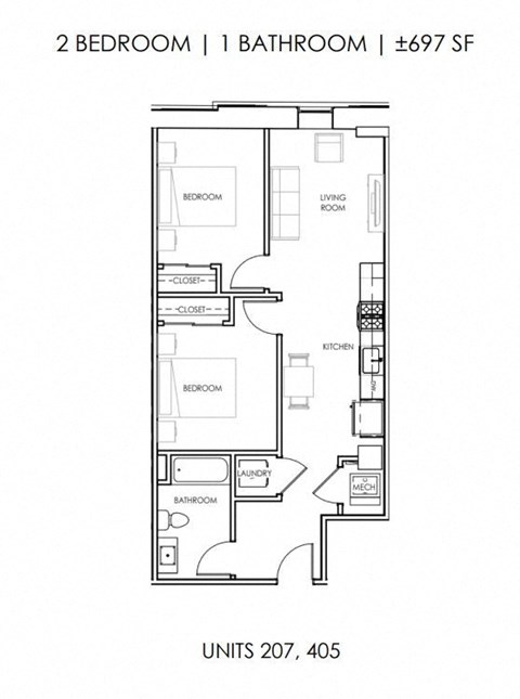 Floor plan for 2 beds, 1 bath, 697 sqft